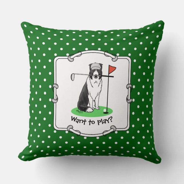 Border Collie Dog Playing Golf (black & white) Fun Cushion (Front)