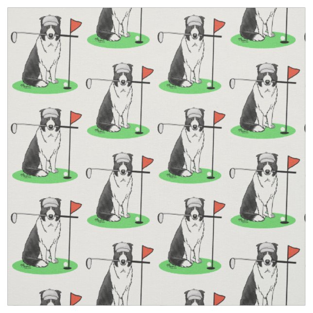 Border Collie Dog Playing Golf (black & white) Fun Fabric (Swatch)