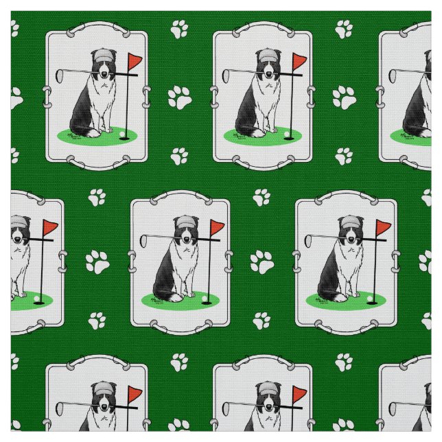 Border Collie Dog Playing Golf (black & white) Fun Fabric (Swatch)