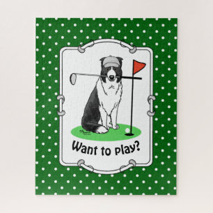 Border Collie Dog Playing Golf (black & white) Fun Jigsaw Puzzle