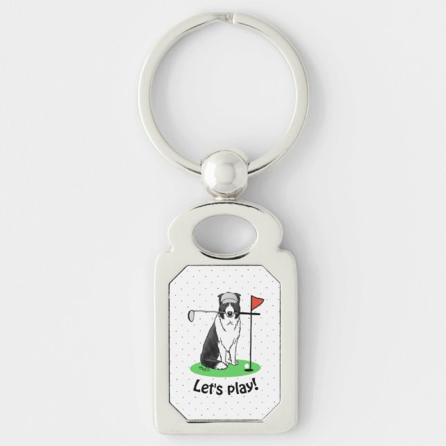Border Collie Dog Playing Golf (black & white) Fun Key Ring (Front)