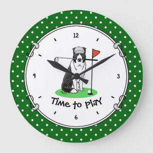 Border Collie Dog Playing Golf (black & white) Fun Large Clock
