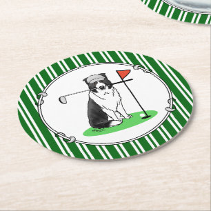 Border Collie Dog Playing Golf (black & white) Fun Round Paper Coaster