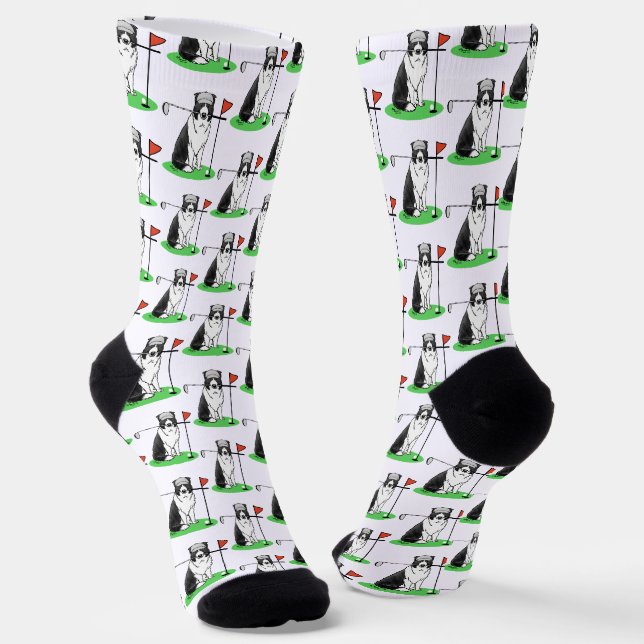 Border Collie Dog Playing Golf (black & white) Fun Socks (Angled)