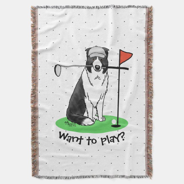 Border Collie Dog Playing Golf (black & white) Fun Throw Blanket (Front Vertical)