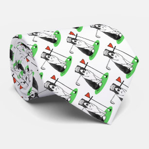 Border Collie Dog Playing Golf (black & white) Fun Tie