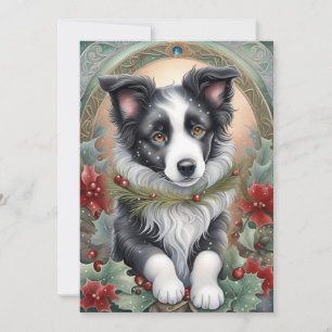 Border Collie Dog Poinsettias Holly Christmas  Holiday Card