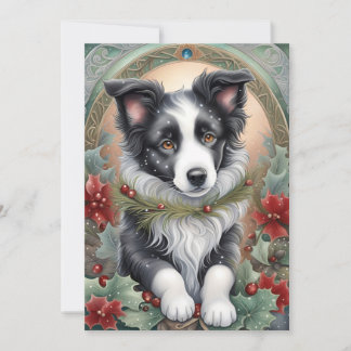 Border Collie Dog Poinsettias Holly Christmas  Holiday Card
