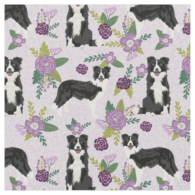Border Collie dog purple florals Fabric (Close Up)