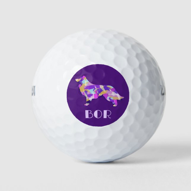 Border Collie Dog Purple Silhouette Monogram Golf Balls (Front)