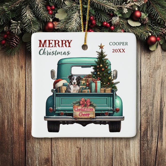 Border Collie Dog Retro Truck Christmas Ceramic Ornament (Creator Uploaded)