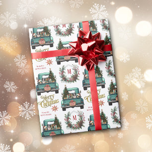 Border Collie Dog Retro Truck Monogram Christmas Wrapping Paper