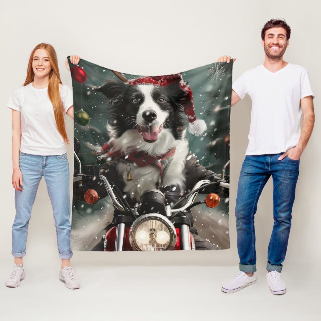 Border Collie Dog Riding Motorcycle Christmas  Fleece Blanket (In Situ)
