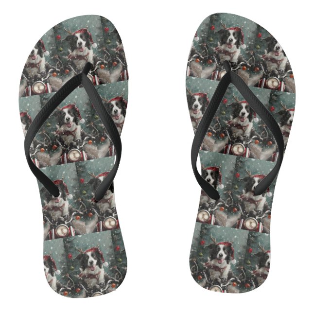 Border Collie Dog Riding Motorcycle Christmas  Thongs (Footbed)