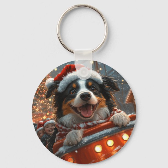 Border Collie Dog Roller Coaster Christmas Key Ring (Front)