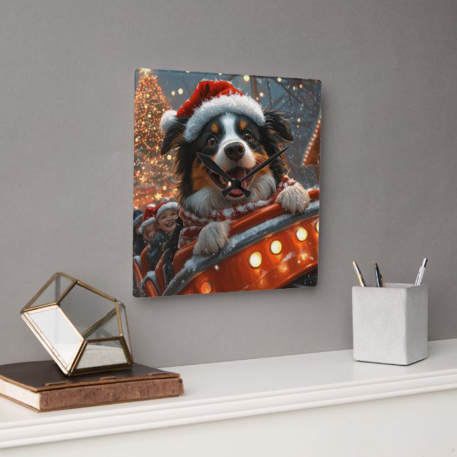 Border Collie Dog Roller Coaster Christmas Square Wall Clock (Office)