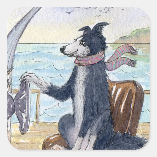 Border Collie dog rounding up waves at sea Square Sticker (Front)