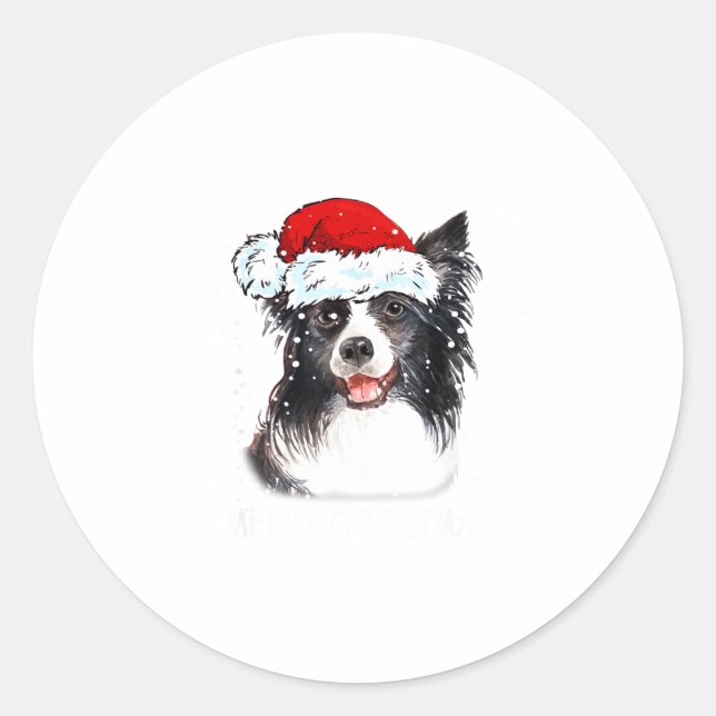 Border Collie Dog Santa Christmas Lights Xmas Boys Classic Round Sticker (Front)