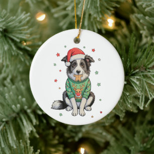 Border Collie Dog Santa Hat Christmas Border Xmas Ceramic Ornament