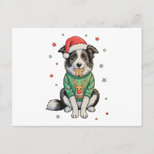 Border Collie Dog Santa Hat Christmas Border Xmas Holiday Postcard