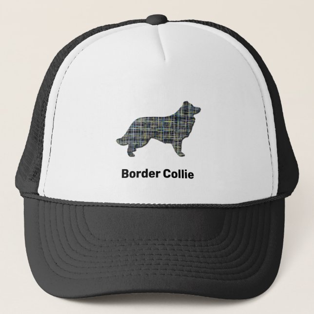 Border Collie Dog Silhouette Grid Custom Trucker Hat (Front)
