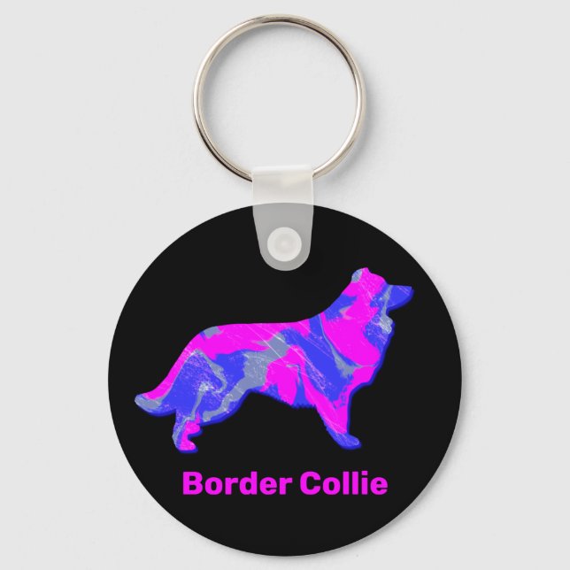Border Collie Dog Silhouette Hot Pink Key Ring (Front)