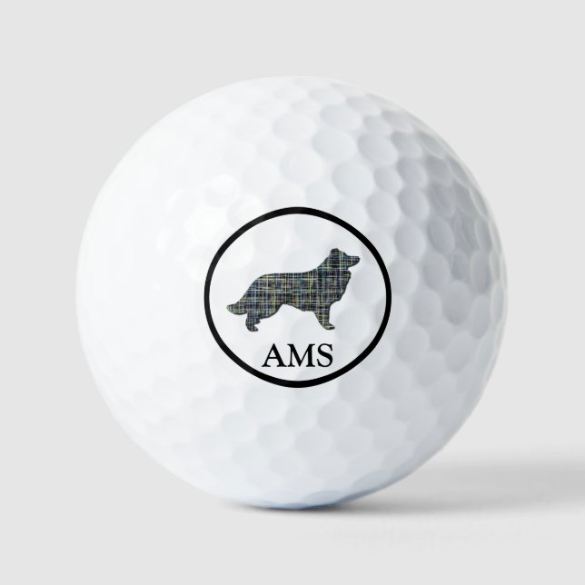Border Collie Dog Silhouette Yellow & Blue Grid Golf Balls (Front)