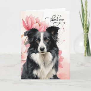 Border Collie Dog Soft Pink Botanical Blooms Thank You Card