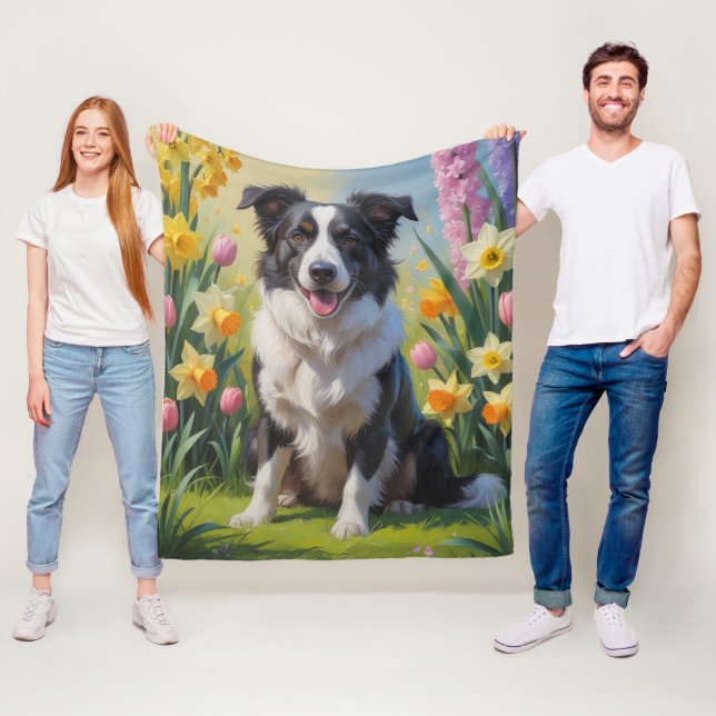 Border Collie Dog Spring Flowers Painting Fleece Blanket (In Situ)