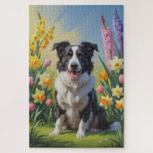 Border Collie Dog Spring Flowers Painting Jigsaw Puzzle