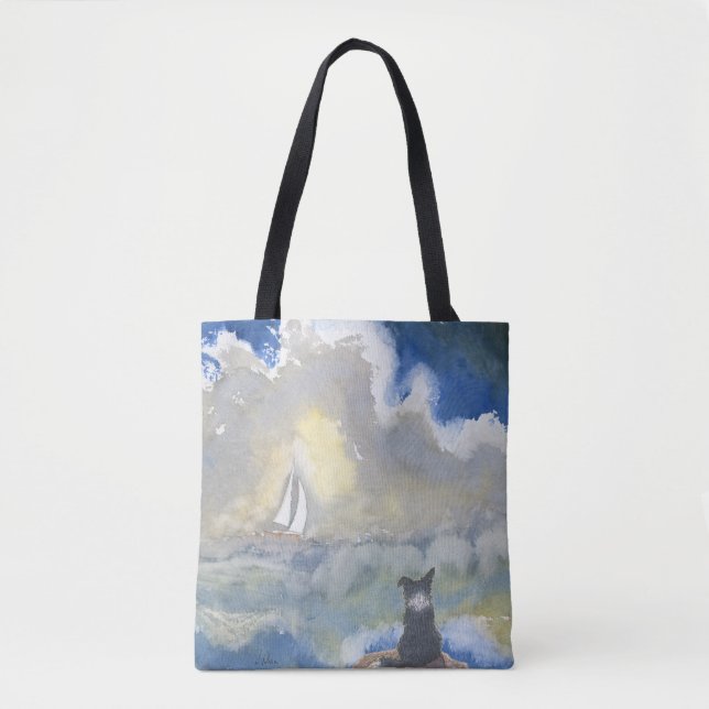 Border Collie Dog Staring Out to Sea Tote Bag (Front)