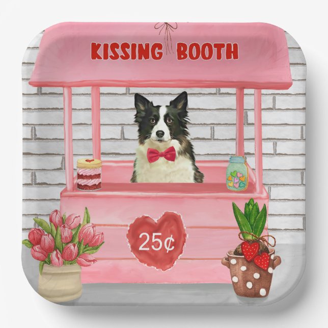Border Collie Dog Valentine's Day Kissing Booth Paper Plate (Front)