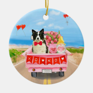 Border Collie Dog Valentine's Day Truck Hearts Ceramic Ornament