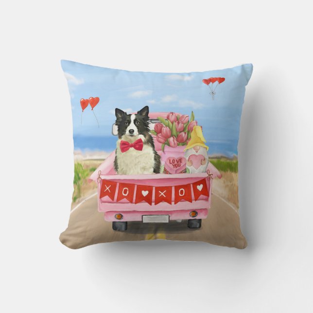 Border Collie Dog Valentine's Day Truck Hearts Cushion (Front)