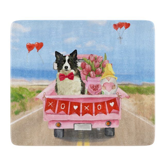 Border Collie Dog Valentine's Day Truck Hearts Cutting Board (Front)