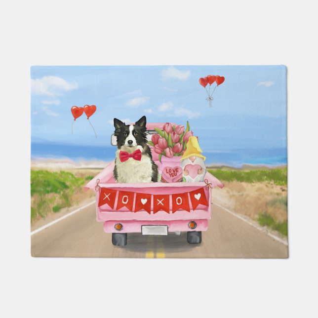 Border Collie Dog Valentine's Day Truck Hearts Doormat (Front)
