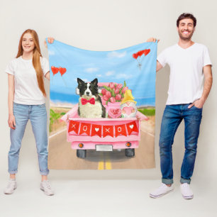 Border Collie Dog Valentine's Day Truck Hearts Fleece Blanket