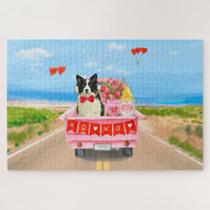 Border Collie Dog Valentine's Day Truck Hearts Jigsaw Puzzle