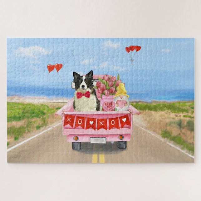 Border Collie Dog Valentine's Day Truck Hearts Jigsaw Puzzle (Horizontal)