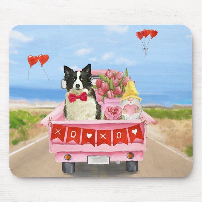Border Collie Dog Valentine's Day Truck Hearts Mouse Pad (Front)