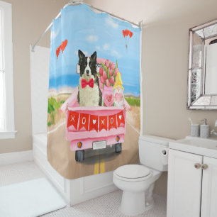 Border Collie Dog Valentine's Day Truck Hearts Shower Curtain