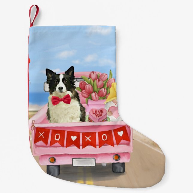 Border Collie Dog Valentine's Day Truck Hearts  Small Christmas Stocking (Front)