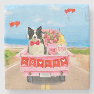 Border Collie Dog Valentine's Day Truck Hearts Stone Coaster