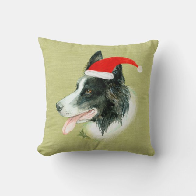 Border Collie Dog w Christmas Santa Hat Cushion (Front)