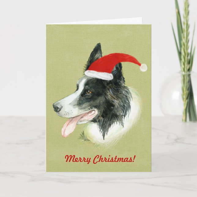 Border Collie Dog w Christmas Santa Hat Holiday Card (Front)