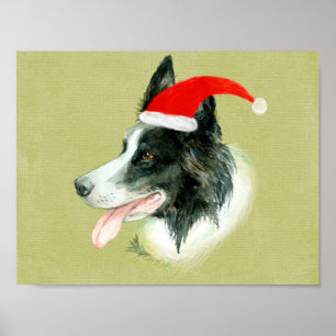 Border Collie Dog w Christmas Santa Hat Poster