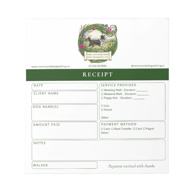 Border Collie Dog Walker Custom Receipt Pad (Front)