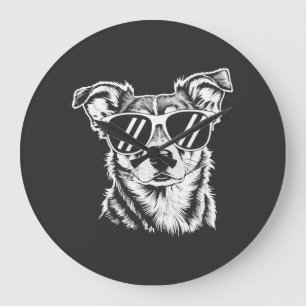 Border Collie Dog Wearing Sunglasses Vintage Pet Large Clock