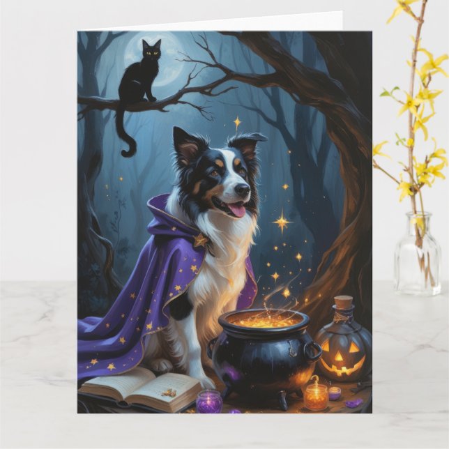 Border Collie Dog Whimsical Halloween Painting Card (Yellow Flower)