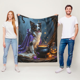 Border Collie Dog Whimsical Halloween Painting Fleece Blanket
